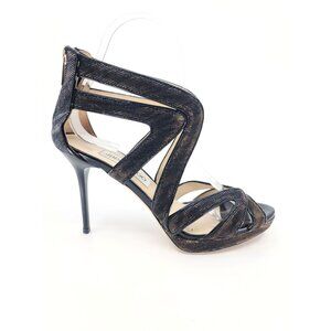 Jimmy Choo Collar 100 Metallic Gold Black Ankle Strap Sandals Size 36.5